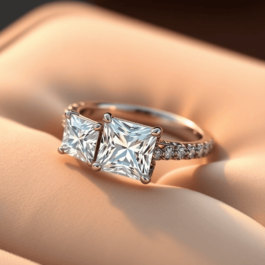 Close-up of a sparkling princess cut diamond halo engagement ring on a soft velvet cushion with warm lighting highlighting its brilliance and details.