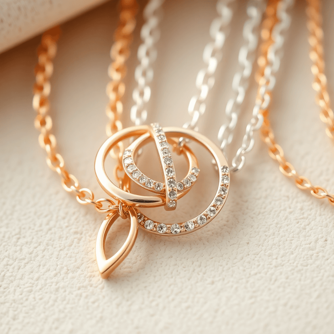 Close-up of intertwined gold, silver, and rose gold jewelry pieces on a soft neutral background highlighting their textures and blend.