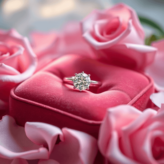 Close-up of a sparkling diamond ring on a velvet cushion, surrounded by soft lighting and delicate rose petals, symbolizing love and commitment.