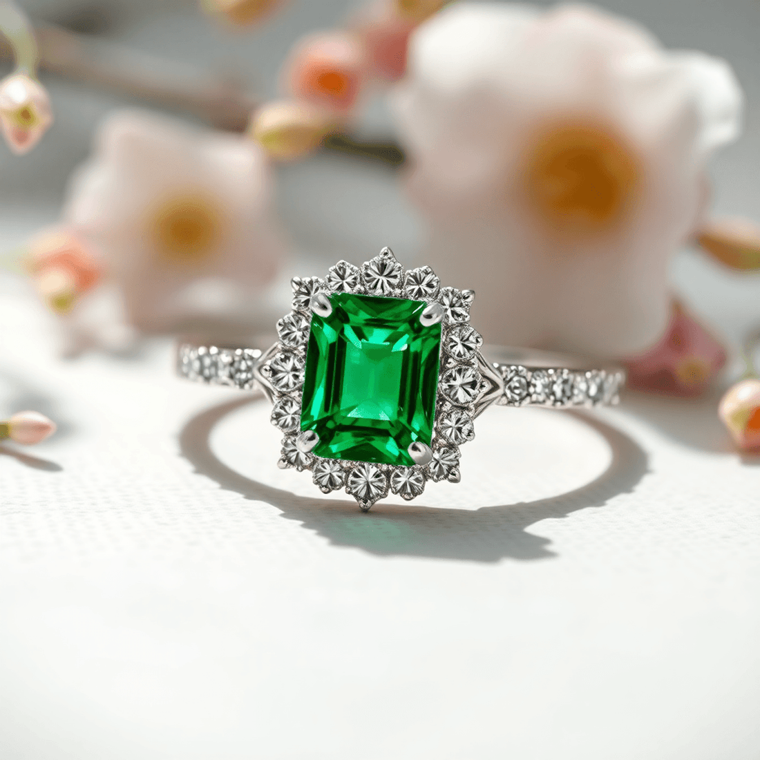 Close-up of an emerald engagement ring with a vibrant green gemstone set in white gold, surrounded by soft light and subtle floral elements on a neutral backgro