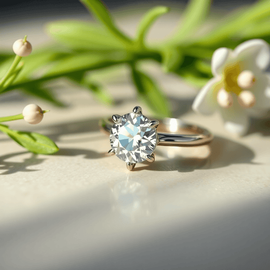 Close-up of a sparkling lab-grown diamond ring on a polished surface with soft lighting, surrounded by delicate greenery and subtle floral accents.
