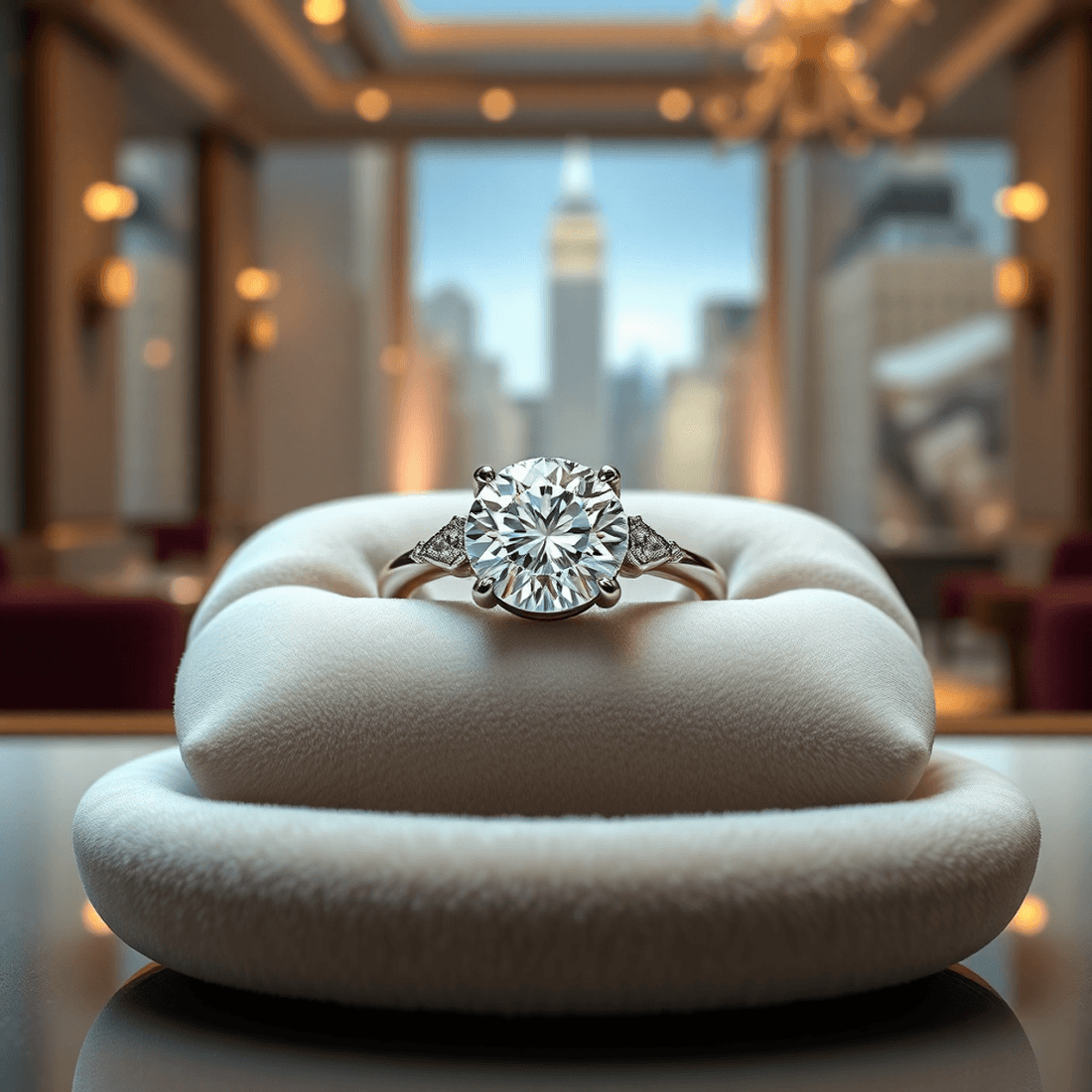 A sparkling diamond engagement ring on a velvet cushion with soft glimmers of light, set against a luxurious, sophisticated background.