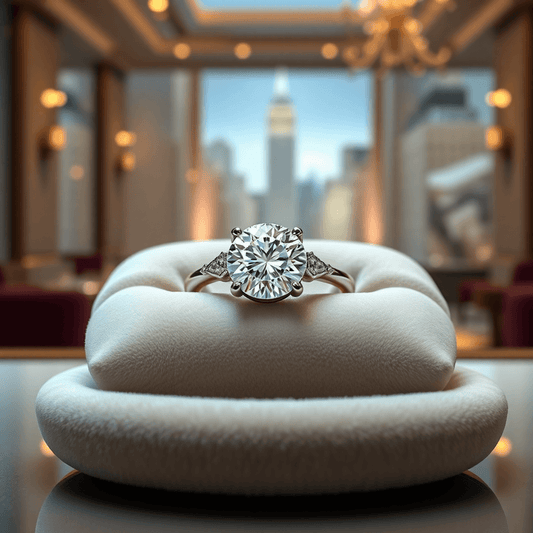 A sparkling diamond engagement ring on a velvet cushion with soft glimmers of light, set against a luxurious, sophisticated background.