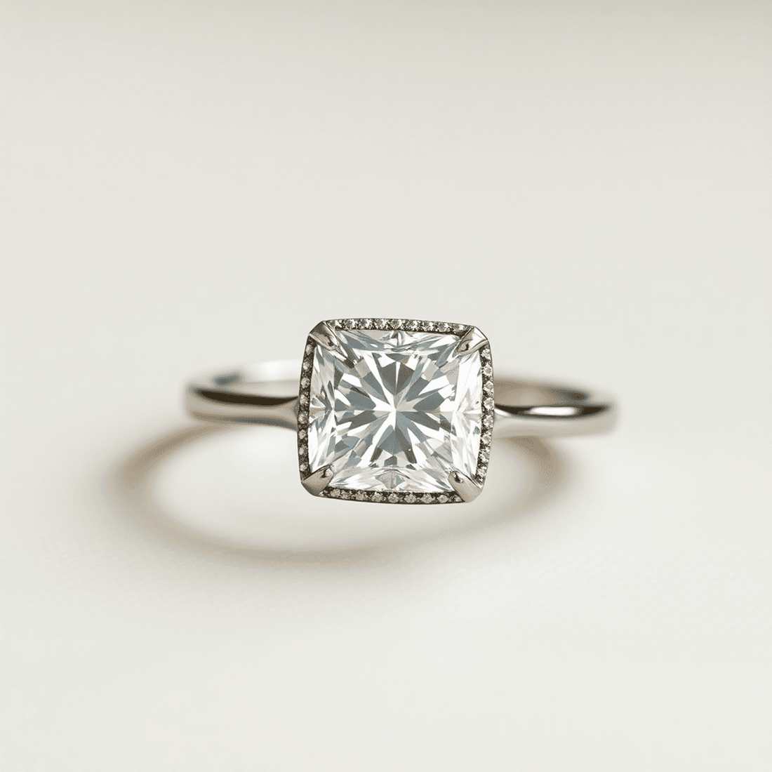 Close-up of a sparkling cushion cut diamond engagement ring with halo setting on a soft, neutral background highlighting its vintage charm and brilliance.