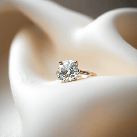 Close-up of a sparkling gemstone ring on soft fabric, illuminated by gentle natural light highlighting its brilliance and facets.