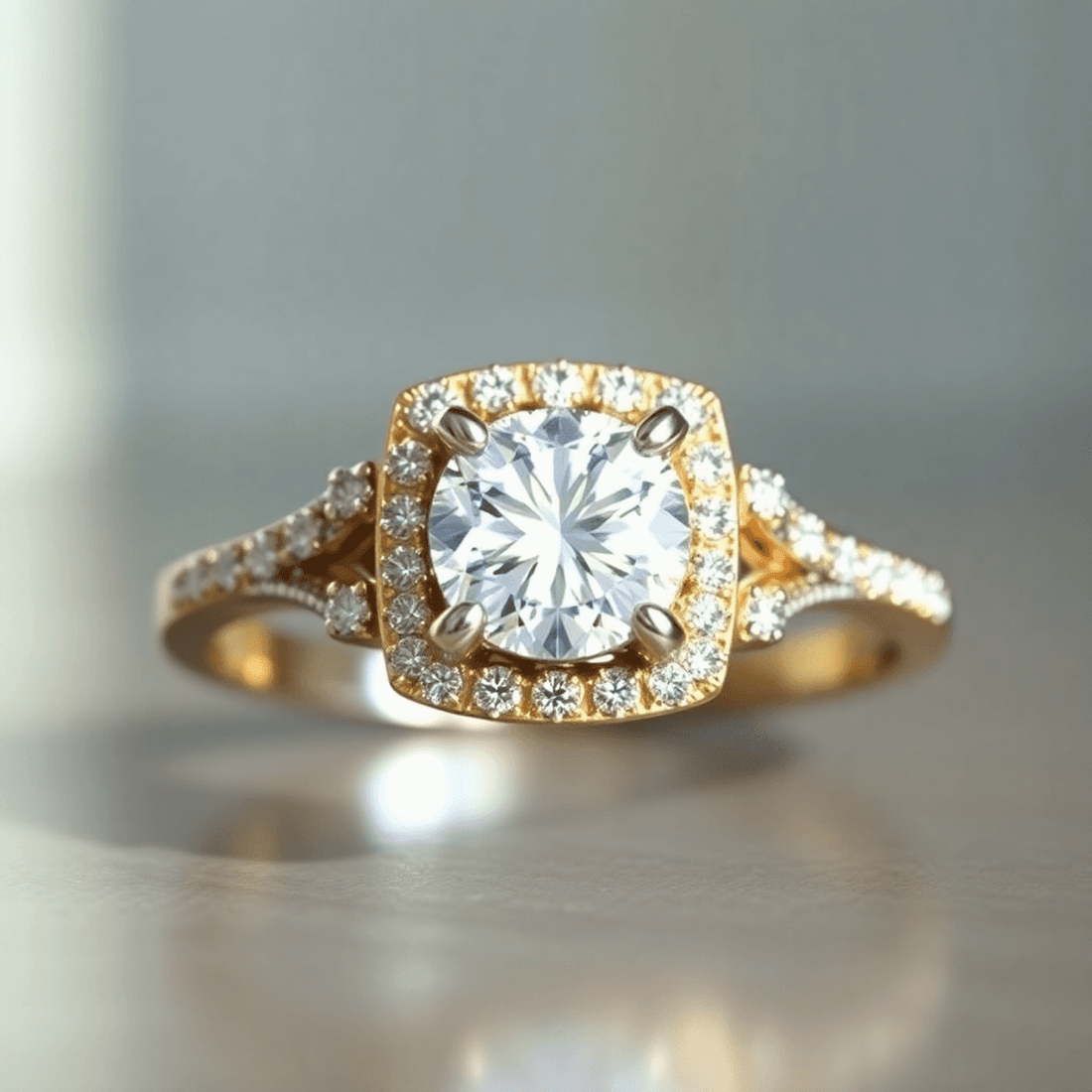 Close-up of a sparkling sidestone diamond ring with a brilliant center diamond and accent stones set in 14k white and yellow gold bands.