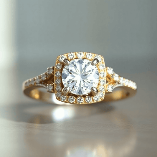 Close-up of a sparkling sidestone diamond ring with a brilliant center diamond and accent stones set in 14k white and yellow gold bands.