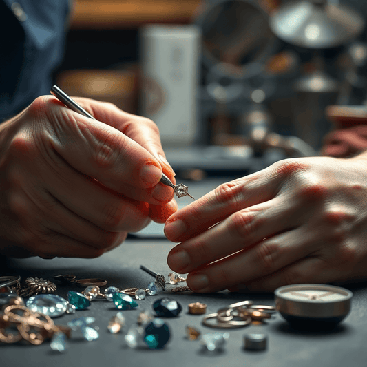 Close-up of a jeweler’s hands shaping delicate jewelry with tools, surrounded by gemstones and metalwork in a softly lit workshop.