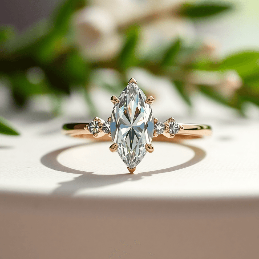 Close-up of a sparkling marquise-cut diamond ring with smaller stones on a delicate band, set on a neutral surface with soft greenery in the background.