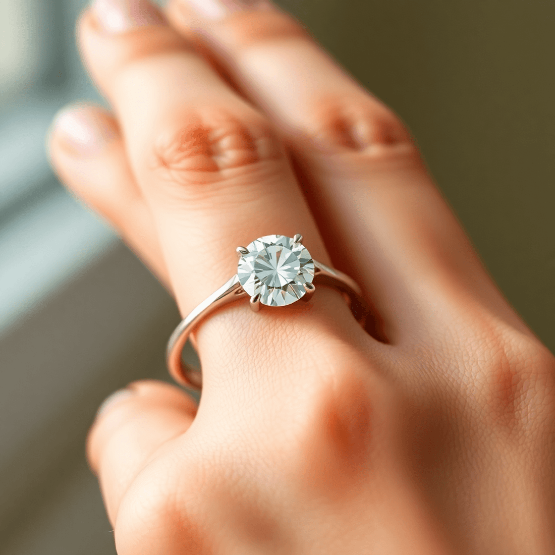 Close-up of a sparkling round brilliant diamond ring on a well-manicured hand with soft natural lighting and a blurred background.