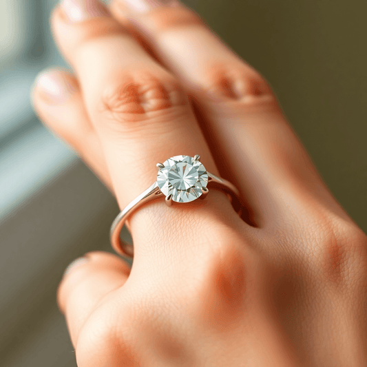 Close-up of a sparkling round brilliant diamond ring on a well-manicured hand with soft natural lighting and a blurred background.