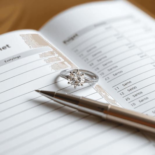 Close-up of a sparkling engagement ring on an open budget planner with a pen, symbolizing thoughtful financial planning and modern love decisions.