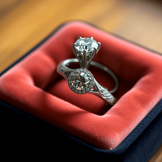 Custom engagement ring with intricate details on a velvet cushion, highlighted by soft warm lighting showcasing its craftsmanship and elegance.