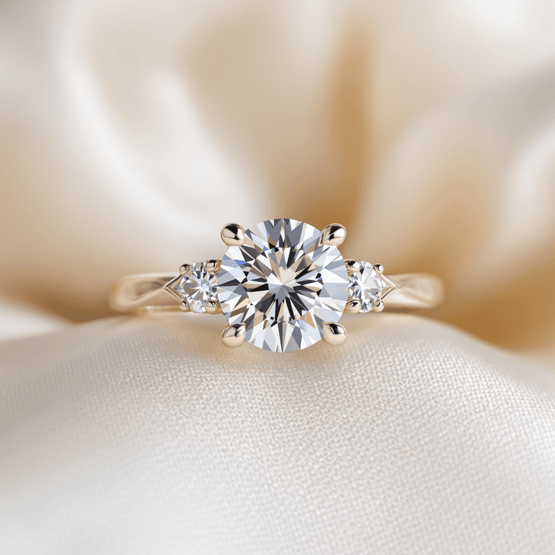 Close-up of an elegant lab-grown diamond ring with sparkling side stones on a soft, luxurious background symbolizing sustainability and modern love.