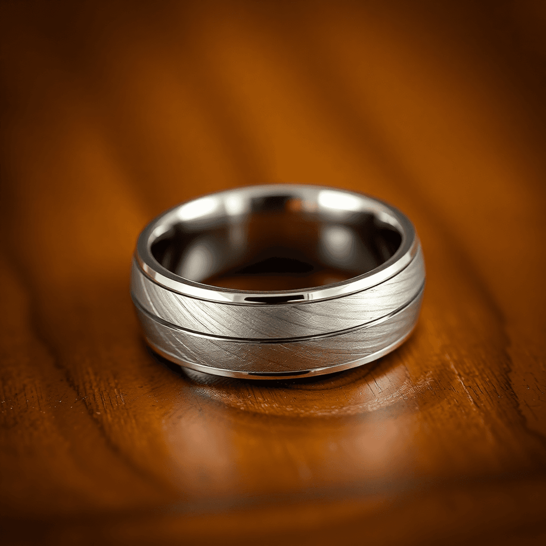 Close-up of a stylish men's wedding band on a wooden surface, softly lit to showcase its texture and craftsmanship.