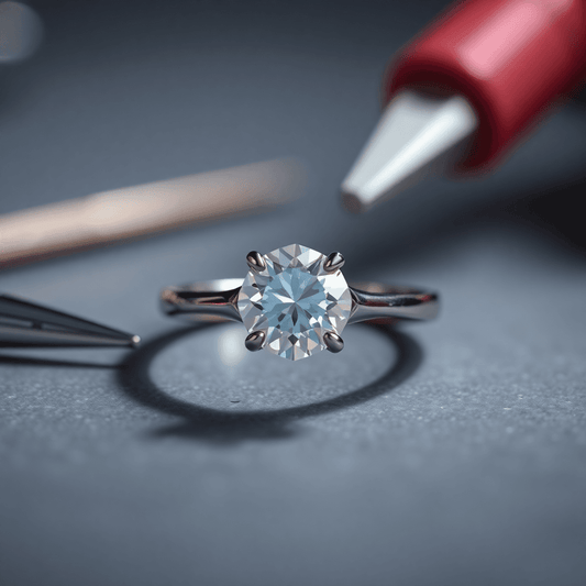 Close-up of a sparkling diamond ring with blurred jewelry tools in the soft-lit background, highlighting expert craftsmanship.