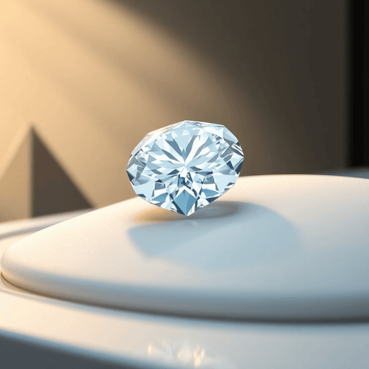 Close-up of a sparkling diamond on an elegant jewelry display with soft lighting and abstract shapes in the background symbolizing innovation and sustainability