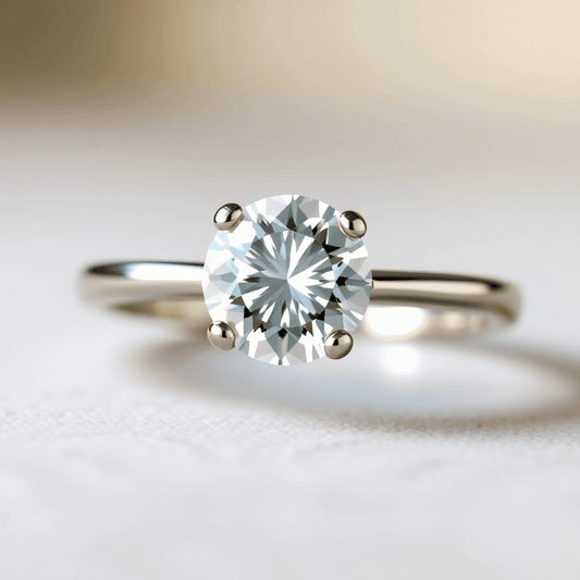 Close-up of a sparkling round brilliant diamond engagement ring on a sleek metal band, glowing softly against a blurred neutral background.