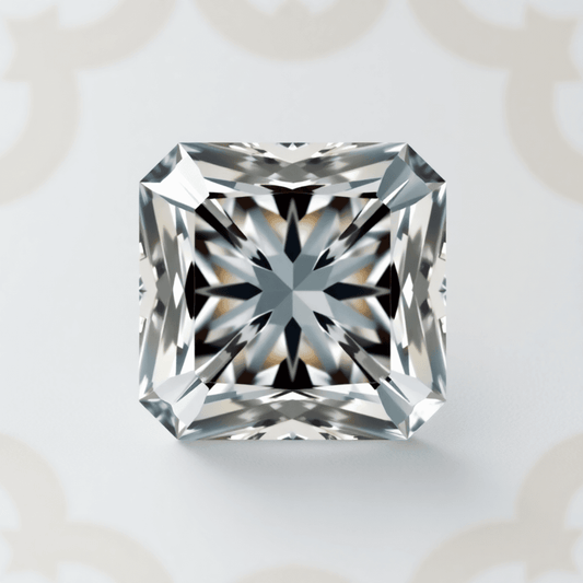 Close-up of a sparkling Asscher cut diamond with step-cut facets and cropped corners against a soft background with vintage Art Deco patterns.