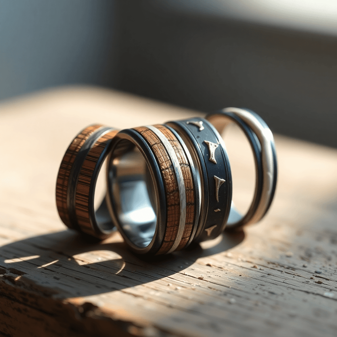 Close-up of custom wedding bands with wood, meteorite, dinosaur bone, and elk antler details on a wooden surface in soft natural light.