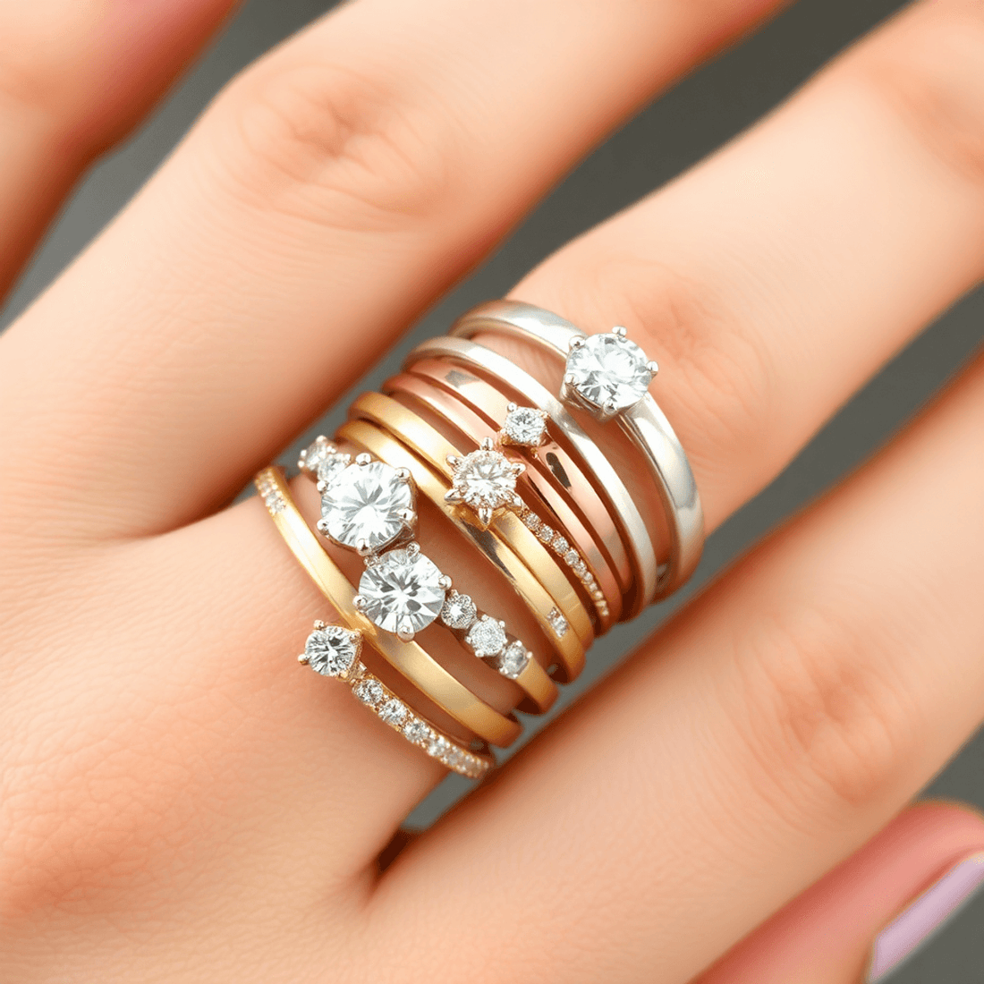 Close-up of stacked mixed metal rings with different band widths and diamond shapes on a hand, highlighting elegant jewelry craftsmanship.