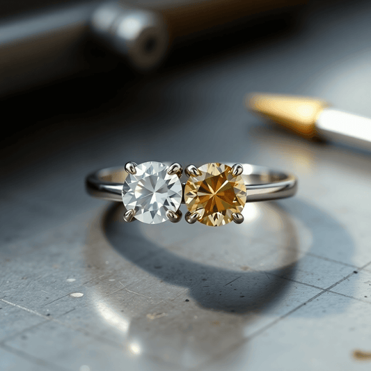 Close-up of a modern two-stone engagement ring with asymmetrical gemstones on a minimalist workbench under soft natural light.