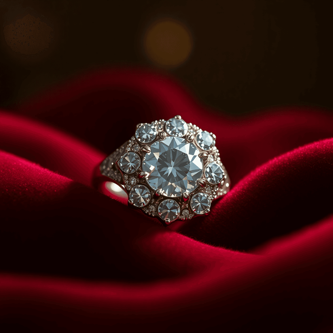 Close-up of a sparkling diamond ring on rich velvet fabric, highlighted by warm lighting that showcases its intricate details and timeless elegance.