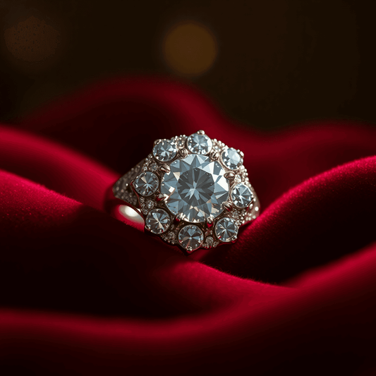 Close-up of a sparkling diamond ring on rich velvet fabric, highlighted by warm lighting that showcases its intricate details and timeless elegance.
