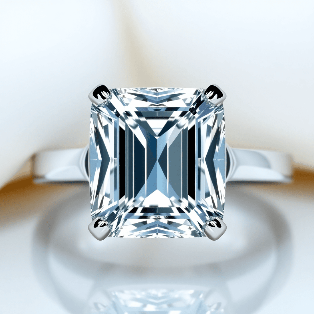 Close-up of a sparkling baguette cut diamond ring with clean rectangular facets and mirror-like reflections on a soft, elegant background.