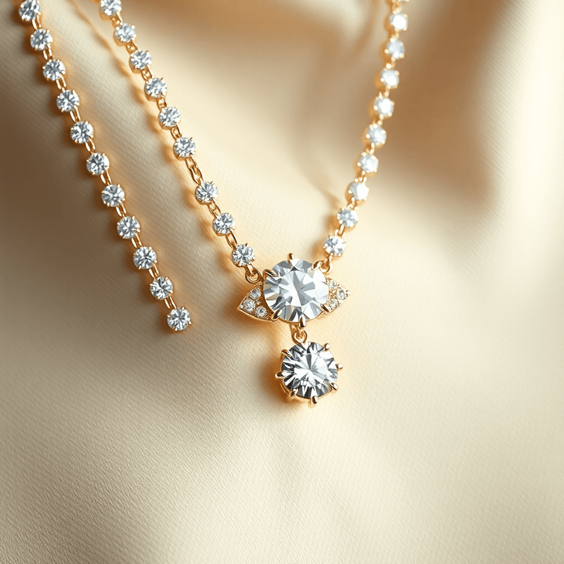 Close-up of layered diamond necklaces with sparkling gems on smooth neutral fabric, highlighting luxury and elegance.