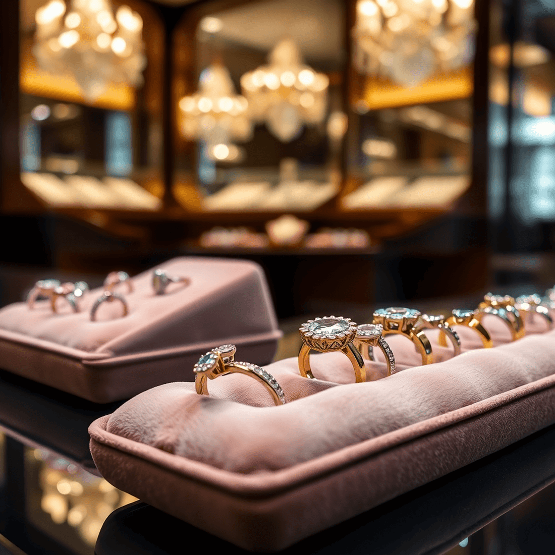 Close-up of elegant showcase rings on velvet cushion with warm lighting highlighting their sparkle, set against a blurred jewelry store interior New York City