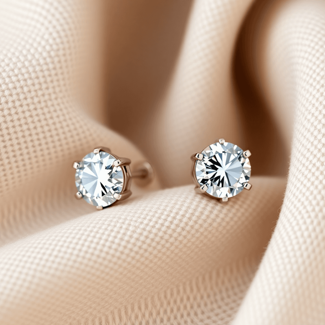 Close-up of sparkling diamond stud earrings on soft neutral fabric, showcasing their brilliance and intricate facets with subtle, elegant lighting.