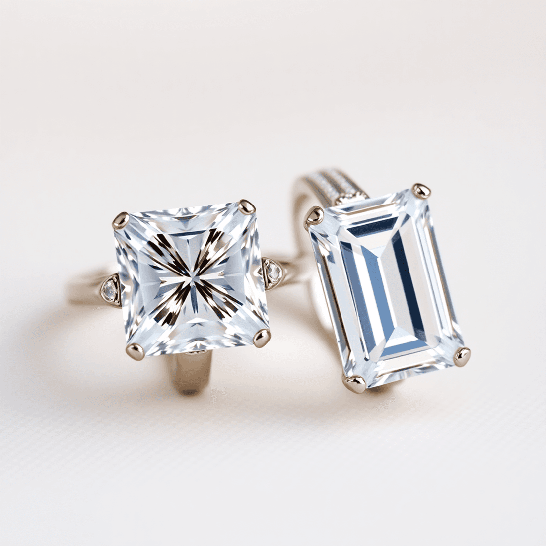 Close-up of two wedding bands on a soft background, one with a radiant cut diamond and the other with an emerald cut diamond, highlighting their distinct brilli