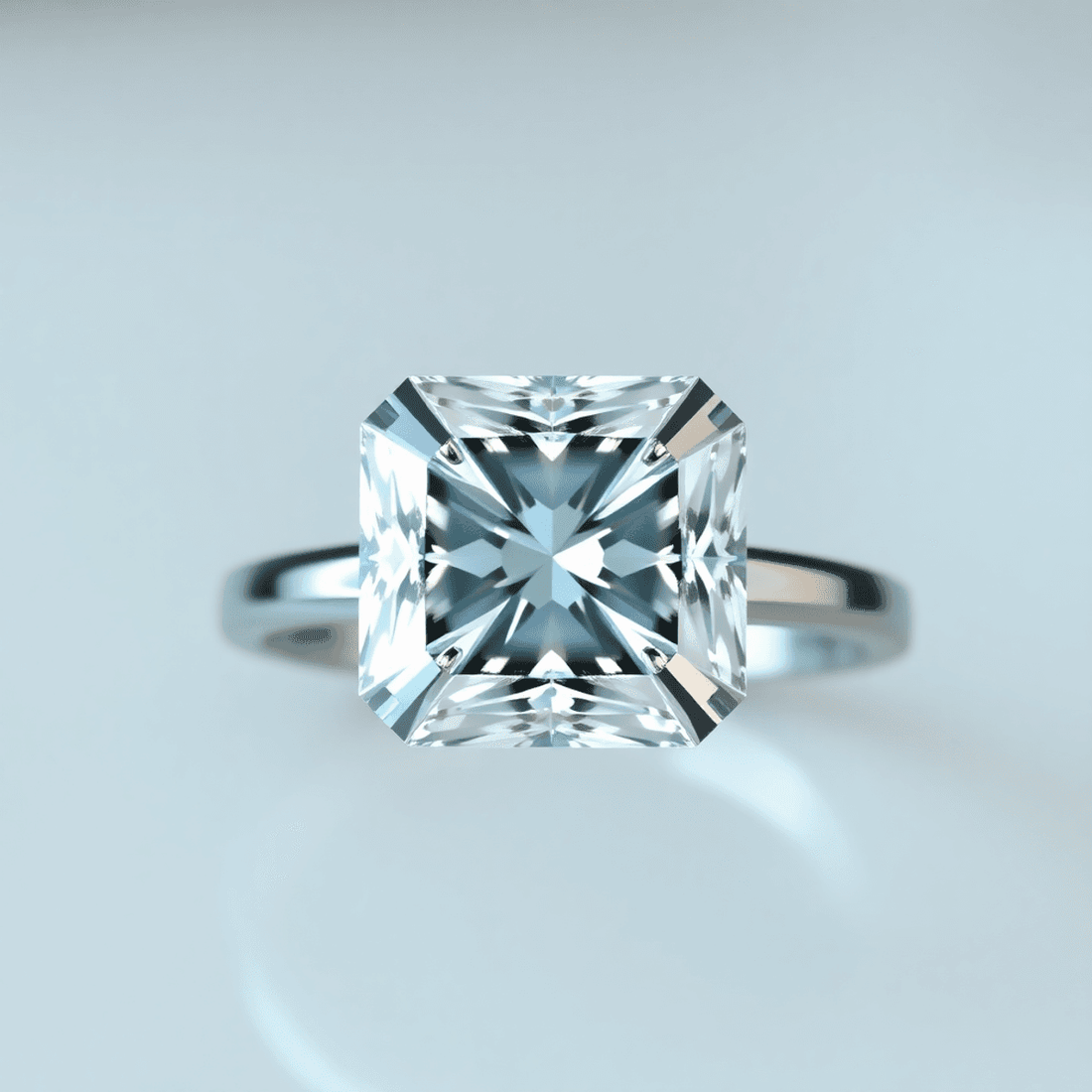 Close-up top-down view of a sparkling Asscher cut diamond on a sleek white gold or platinum ring band with soft blurred background and light reflections.