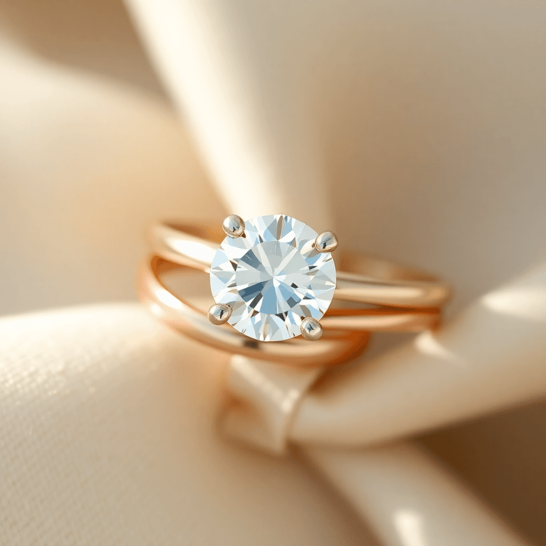 Close-up of a sparkling solitaire diamond ring with yellow, rose, and white gold bands on a soft neutral background with natural light highlighting the diamond.