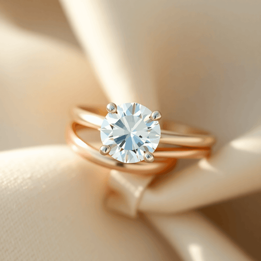 Close-up of a sparkling solitaire diamond ring with yellow, rose, and white gold bands on a soft neutral background with natural light highlighting the diamond.