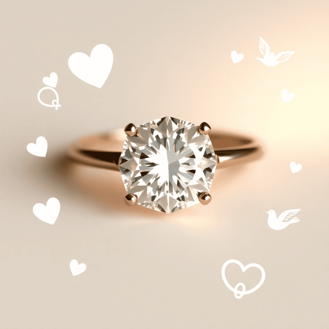 Close-up of an elegant French cut diamond ring with soft lighting, surrounded by delicate hearts, infinity loops, and doves on a smooth neutral background.