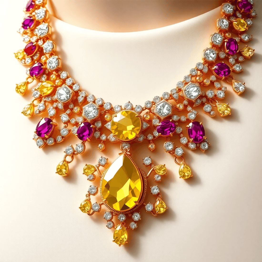 Close-up of a luxurious tri-color gold necklace with diamonds and colorful gemstones on a soft, elegant background.