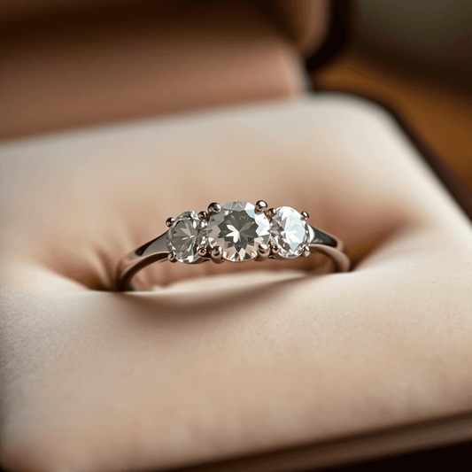 Close-up of an elegant three-stone diamond ring sparkling on a velvet cushion with a warm, soft background.