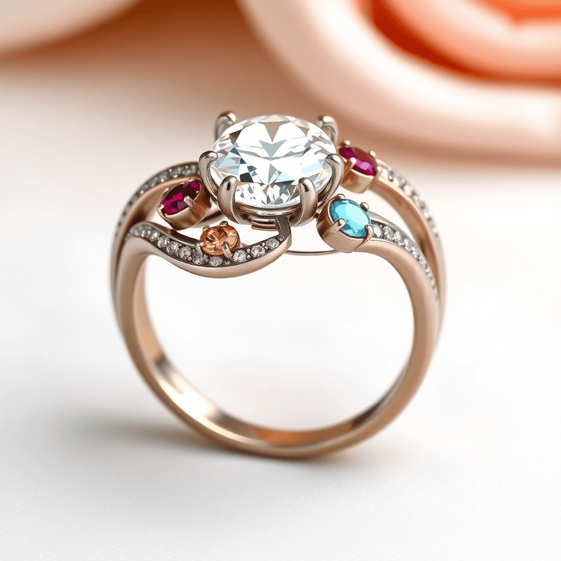 A modern engagement ring with mixed metals and colorful gemstones on a soft, elegant background symbolizing love and personalization.