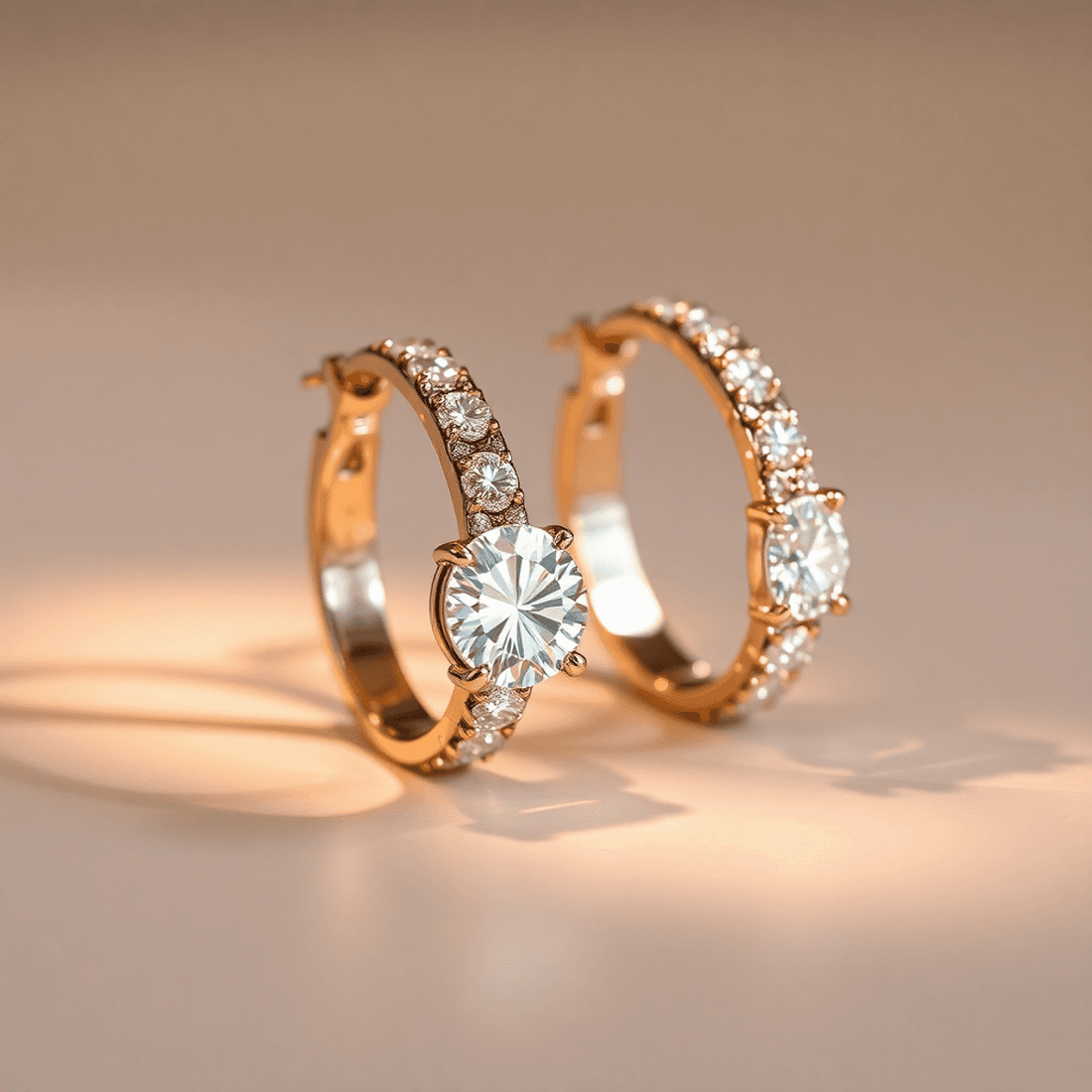 Close-up of sparkling diamond hoop earrings on a neutral background with soft warm lighting highlighting their craftsmanship and elegance.