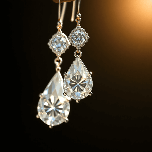 Close-up of elegant diamond earrings sparkling under soft light, highlighting intricate craftsmanship against a dark blurred background.