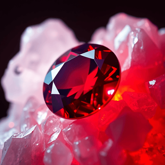 Close-up of a glowing red ruby with abstract crystalline structures on a softly lit background showing natural light and fluorescence effects.