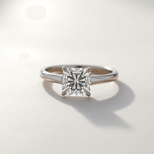 Close-up of a radiant cut diamond wedding band sparkling on a smooth, neutral surface with soft light highlighting its geometric facets.