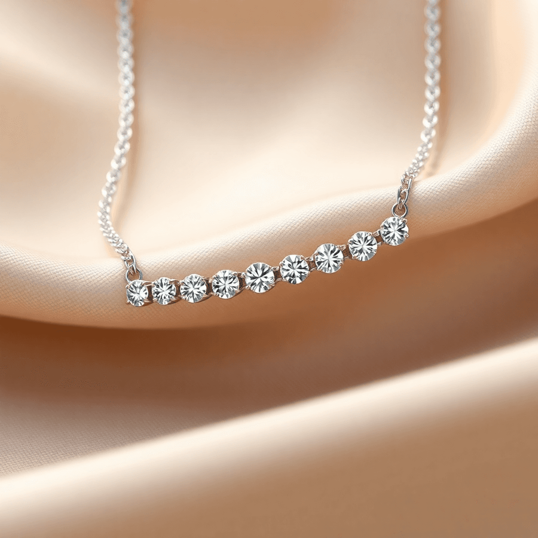Close-up of a diamond tennis necklace on smooth neutral fabric, featuring sparkling round brilliant diamonds reflecting soft light.