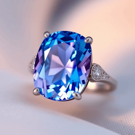Close-up of a sapphire gemstone with blue and lavender hues in an elegant ring, set against a soft, luxurious background.