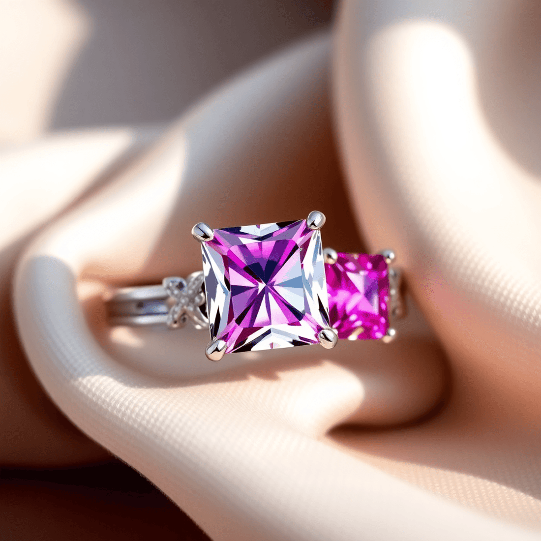 Close-up of a sparkling princess cut engagement ring with vibrant pink diamonds on soft fabric, highlighted by gentle natural light.
