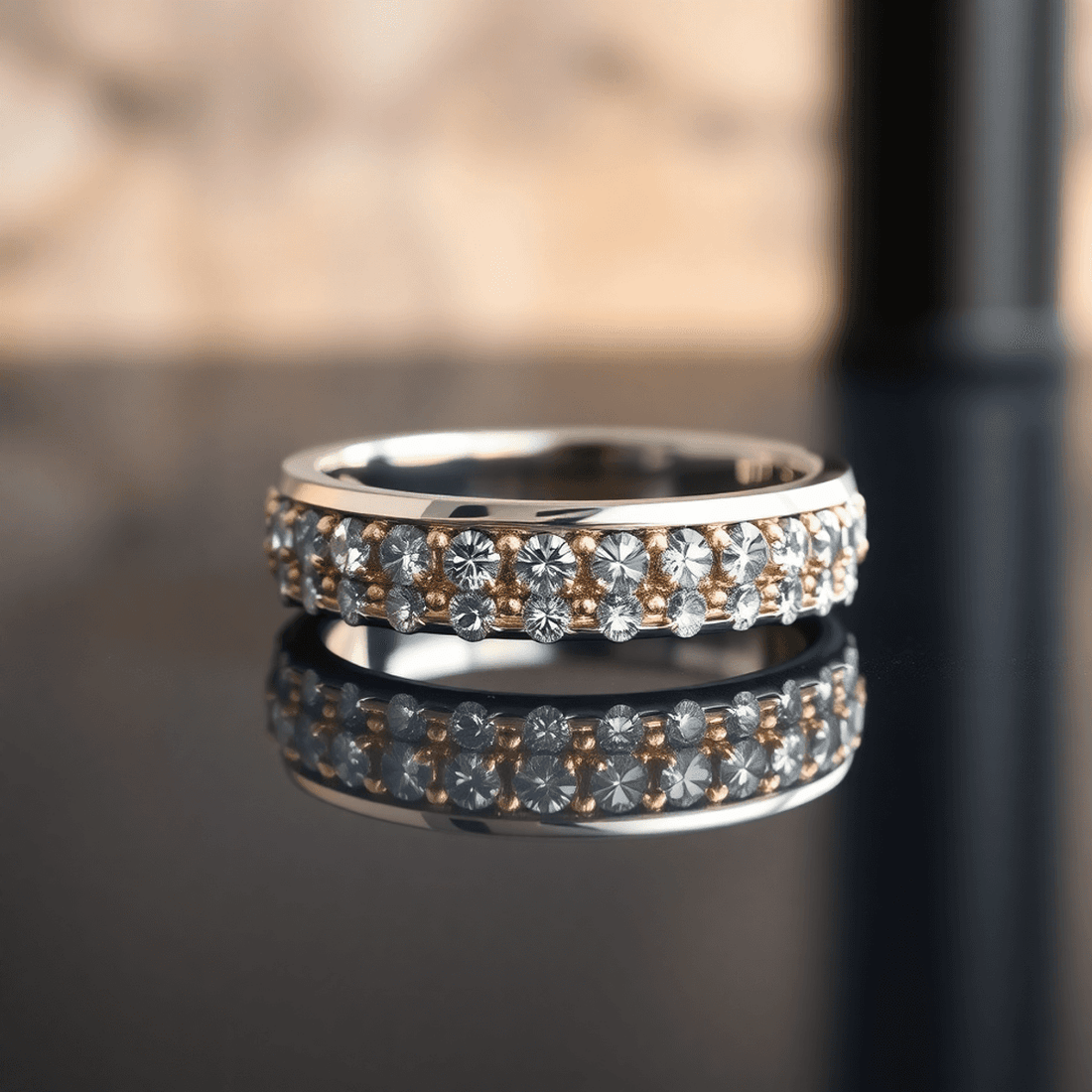 Close-up of a men's platinum and 18K gold diamond eternity band on a dark reflective surface with warm lighting highlighting its sparkle and smooth finish.