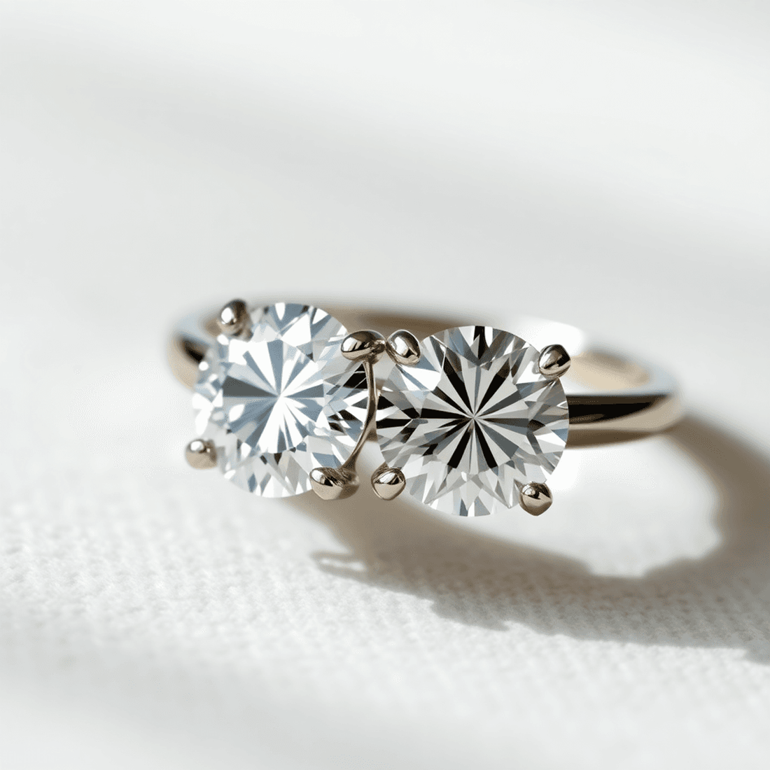 Close-up of two sparkling lab-grown diamonds side by side in an elegant ring on a soft neutral background with natural light highlighting their brilliance.