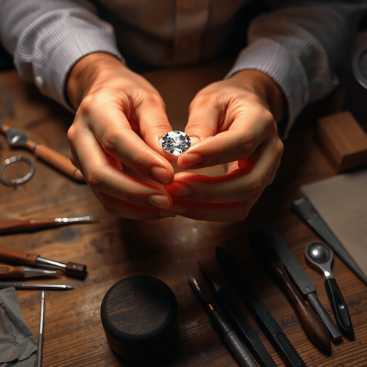 Close-up of jeweler’s hands examining a sparkling gemstone under bright light, with traditional tools on a wooden workbench, highlighting craftsmanship.